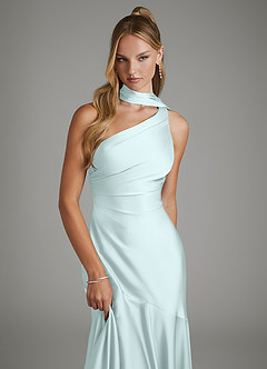 Azazie Amara Bridesmaid Dresses Sea Glass Mermaid One Shoulder Stretch Satin Dress image6