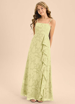 Azazie Kaylee Junior Lemon Sorbet A-Line with Belt Floral Burnout Dress image5