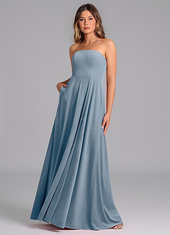 Azazie Wren Vestidos de damas de honor Vestido de Azul Polvoriento de terciopelo de Corte en A con Sin tirantes image1
