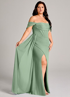 Azazie Amyra Bridesmaid Dresses Matcha Sheath Off the Shoulder Chiffon Convertible Dress image12