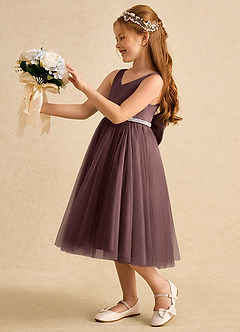 Azazie Firefly Blumenmädchenkleider A-Linie Schleifen Matte Satin Kleid Espresso image1