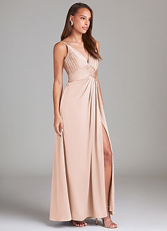 Azazie Maren Allure Bridesmaid Dresses Blushing Pink A-Line Lace Stretch Satin Dress image4
