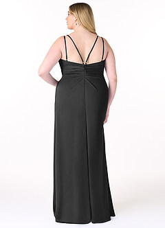 Azazie Aqua Vestidos de damas de honor Vestido de Negro de Satén Elástico de Corte en A con Cuello en V plisado image9