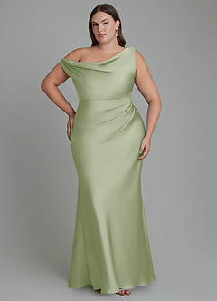 Azazie Emerson Vestidos de damas de honor Vestido Salvia Polvorienta de Satén Elástico de Corte Sirena con Hombros descubiertos image1