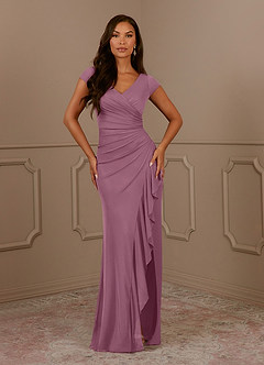 Azazie Roya Mother of the Bride Dresses Vintage Mauve Mermaid V-Neck Pleated Mesh Dress image2