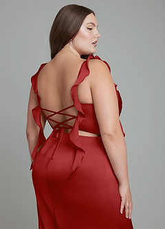Azazie Jessamine Bridesmaid Dresses Pomegranate Sheath Corset Stretch Satin Dress image14