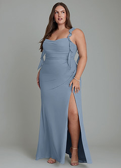 Azazie Jessamine Vestidos de damas de honor Vestido Azul Polvoriento de Gasa de Corte Sirena con Corsé image11