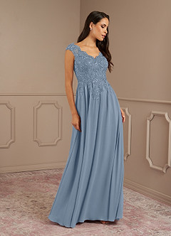 Azazie Amethyst vestidos de madre de la novia Vestido de Azul Polvoriento de Gasa de Corte En A con Lentejuelas Cuello V image4