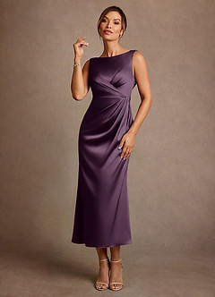 Azazie Mazhe 신부의 어머니 드레스 A라인 주름진 스트레치 새틴 티 길이 드레스 image1