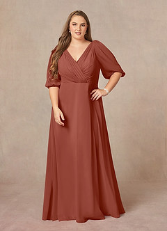 Azazie Bronwyn Mère de la mariée Robes Robe Trapèze en Mousseline de soie Col V froncé Auburn image6