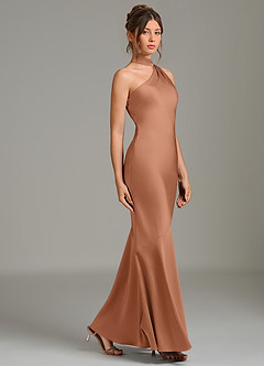 Azazie Jalissa Jurken voor bruidsmeisjes Jurk van Stretch Satijn met Zeemeermin One-shoulder Bronzeertint image4