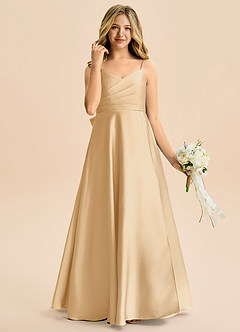 Azazie Rumi Junior Abito A-Line in Raso Elasticizzato Plissettato Oro image4