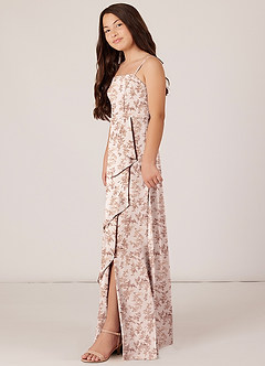 Azazie Kaylee Junior Pink Fern Floral A-Line with Belt Chiffon Dress image3