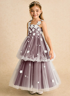 Azazie Teacup Flower Girl Dresses Ivory Cabernet Ball-Gown Lace Tulle Dress image6