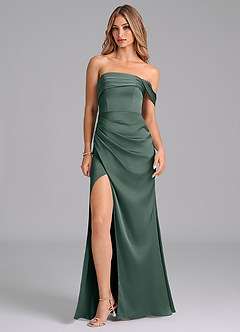 Azazie Lisbeth Robes de demoiselle d'honneur Robe Sirène Convertible en Satin extensible Épaule décolletée Mousse De Mer image3