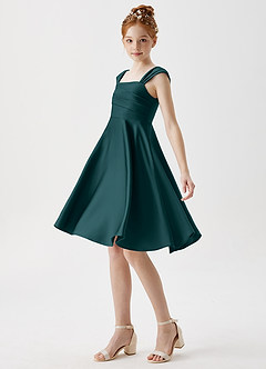 Azazie Amira Junior Pine A-Line Pleated Stretch Satin Dress image4