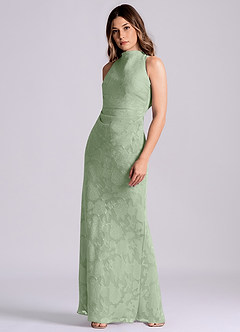 Azazie Evadne Final Sale Dusty Sage Sheath Pleated Floral Burnout Dress image4