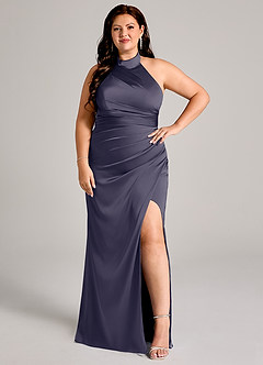 Azazie Jemma Jurken voor bruidsmeisjes Jurk van Stretch Satijn met Kolom Geplooid Stormachtig image10