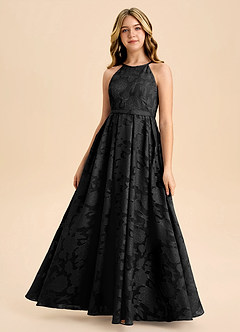 Azazie Arianthe Junior Abito A-Line in Burnout Floreale Plissettato Nero image2
