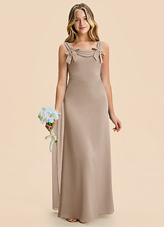 Azazie Chelsea Junior Taupe Sheath Pleated Stretch Satin Dress image4