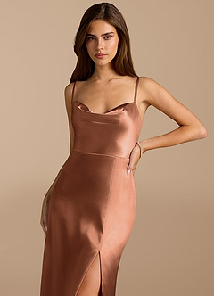 Azazie Erma At-home Try On Dresses Bronzer A-Line Side Slit Metallic Satin Dress image5