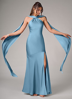 Azazie Kinsley Bridesmaid Dresses Steel Blue Mermaid Side Slit Stretch Satin Dress image2