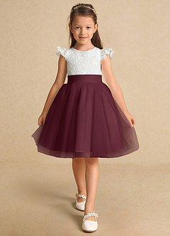 Azazie Vetty Flower Girl Dresses Ivory Cabernet A-Line Lace Tulle Dress image6