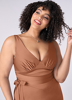 Barbie ♥ Azazie Final Sale Bronzer A-Line Bow Stretch Satin Dress image9
