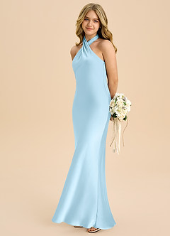 Azazie Chickie Junior Vestido de Azul Cielo de Satén Elástico de Corte Recto con Plisado image1