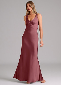 Azazie Kamila Bridesmaid Dresses Desert Rose A-Line Pleated Stretch Satin Dress image3