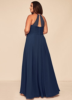 Azazie Ginger Vestidos de damas de honor Vestido de Azul Marino Oscuro de Gasa de Corte en A con Halter Plisado image10