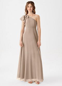 Azazie Arabella Junior Taupe A-Line Ruched Chiffon Dress image3