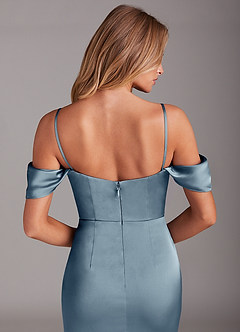 Azazie Saige Bridesmaid Dresses Dusty Blue Sheath Off the Shoulder Stretch Satin Dress image8