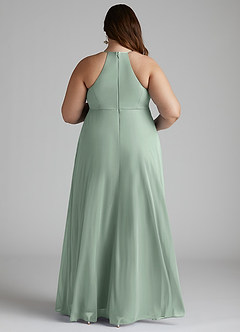 Azazie Annabelle At-home Try On Dresses A-Line V-Neck Pleated Mesh Floor-Length Dress image8