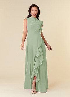 Azazie Narine Abiti per la Madre della Sposa Abito A-Line in Chiffon con Scollo Alto a Pieghe Verde Salvia image3