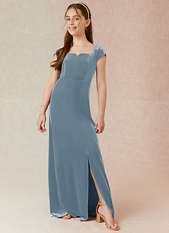 Azazie Gabi Junior Dusty Blue A-Line Velvet Dress image3