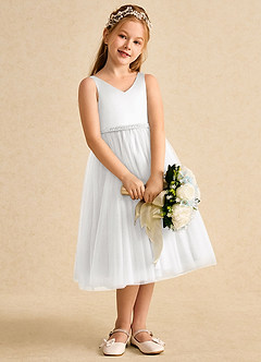 Azazie Firefly vestidos de niña de las flores Vestido de Blanco de Satin Mate de Corte en A con Lazo image2