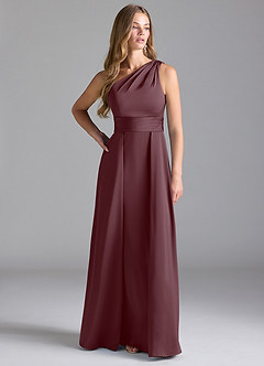 Azazie Dallas Bridesmaid Dresses Sangria A-Line One Shoulder Stretch Satin Dress image2