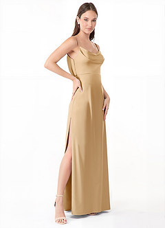 Azazie Alaija Vestidos de damas de honor Vestido de Oro de Satén Elástico de Corte Sirena con Corte Lateral image3