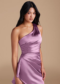 Azazie Latrice Bridesmaid Dresses Wisteria Sheath One Shoulder Metallic Satin Dress image3