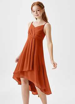 Azazie Mariam Junior Robe Trapèze en Mousseline de soie Plissée Orange Brûlée image1