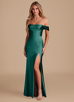 Azazie Saige Bridesmaid Dresses Pine A-Line Off the Shoulder Metallic Satin Convertible Dress image1