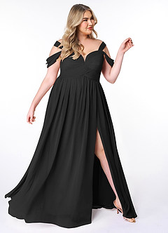 Azazie Lianne Bridesmaid Dresses Black A-Line Off the Shoulder Chiffon Dress image10