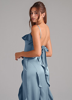 Azazie Malia Bridesmaid Dresses Dusty Blue A-Line Side Slit Stretch Satin Dress image2