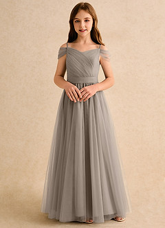 Azazie Yuna Girls Formal vestidos de niña de las flores Vestido de Gris Pardo de Tul de Corte en A con Vestidos sin tirantes image4