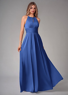 Azazie Bonnie Vestidos de damas de honor Vestido de Azul Real de Satén Elástico de Corte en A con Plisado image1