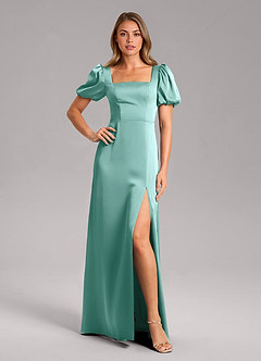 Azazie Fyona Vestidos de damas de honor Vestido de Aqua de Satén Elástico de Corte en A con Plisado image7