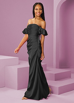 Barbie ♥ Azazie Jurken voor bruidsmeisjes Converteerbaar Jurk van Stretch Satijn met Kolom Off the Shoulder Zwart image4