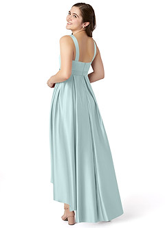 Azazie Inaya Junior Mist A-Line with Belt Stretch Satin Dress image3