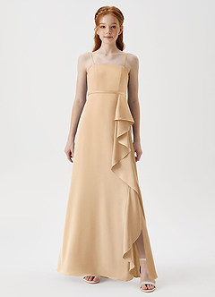 Azazie Kaylee Junior Gold A-Line with Belt Stretch Satin Dress image3